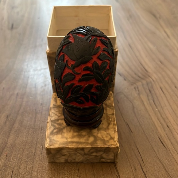 Hand Carved Cinnabar Egg with Wooden Stand. Floral Design. In Box with stand. - Picture 1 of 2